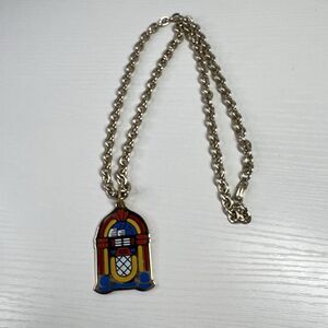 Vintage Germany Chunky Chain Necklace 27" with Retro Enamel Jukebox Pendant